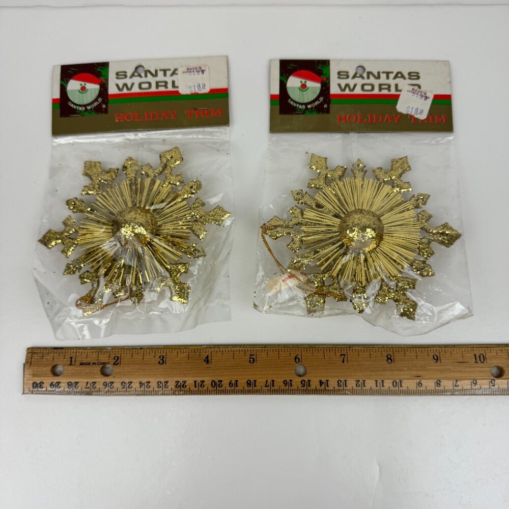 2 Vtg Sealed Santas World Gold Glitter Ornaments Star Christmas Holiday Trim